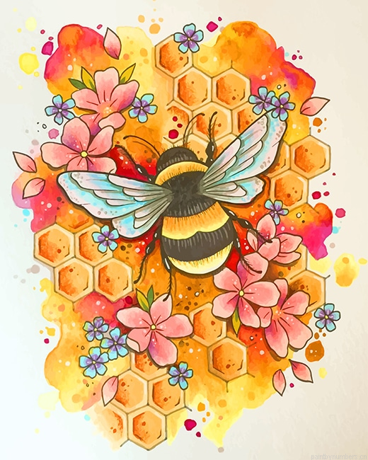 Honey Bee And Flowers Painting By Numberss.png