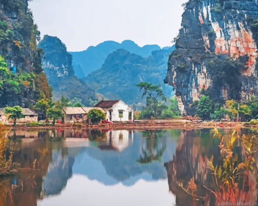 House Between Two Cliffs Landscapes Painting By Numberss.png