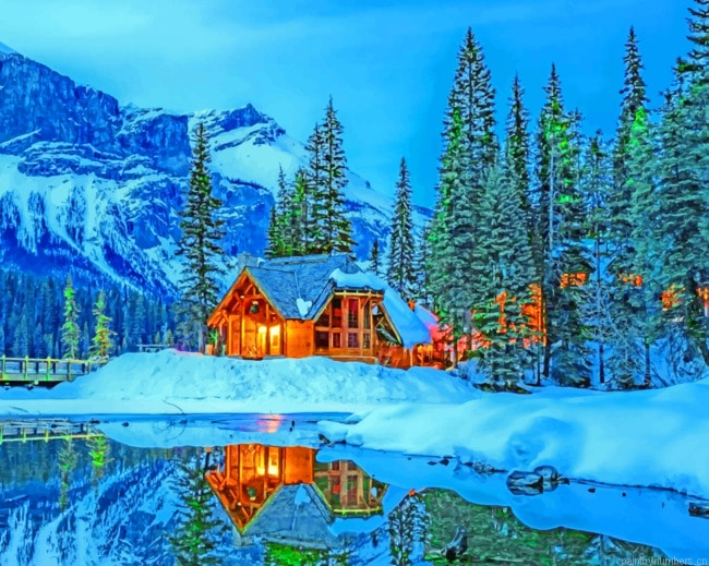 House In The Snow Near Lake Landscapes Painting By Numbers.png