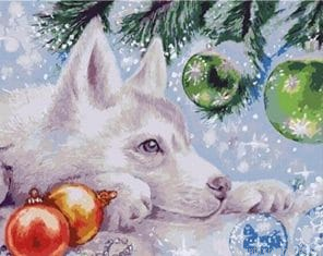 Husky Dog And Christmas Baubles Animals Painting By Numbers.png