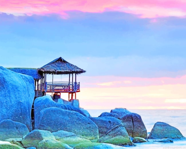 Hut On Stone Rock Landscapes Painting By Numberss.png