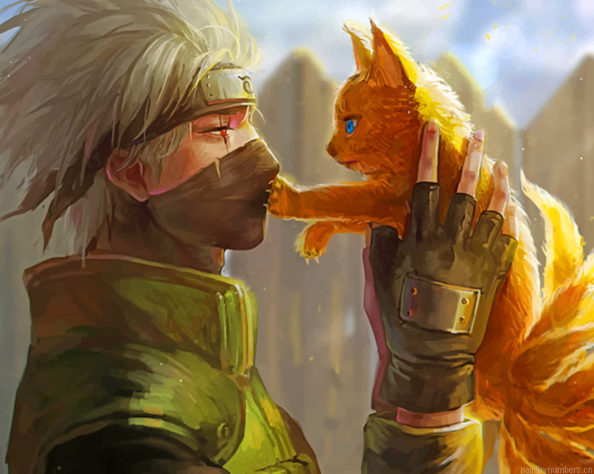 Kakashi And Nine Tails Cat Vector Animations Painting By Numberss.png