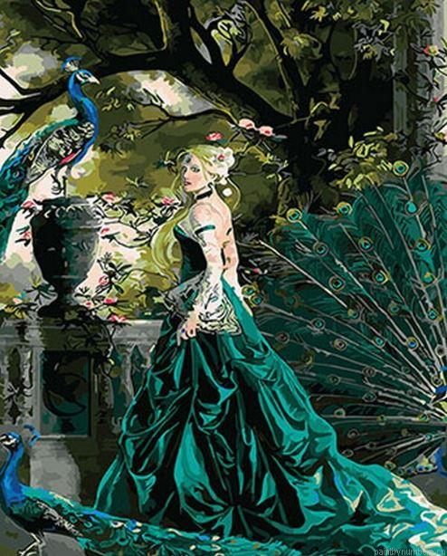 Lady In Green Dress And Peacock Painting By Numbers.png
