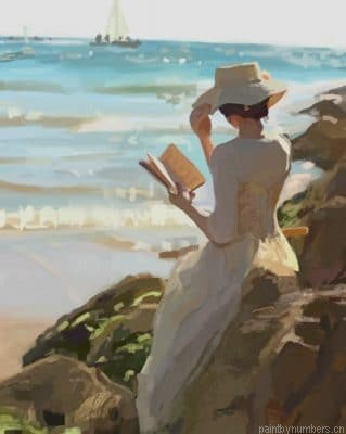 Lady Reading A Book In The Beach Painting By Numberss.png
