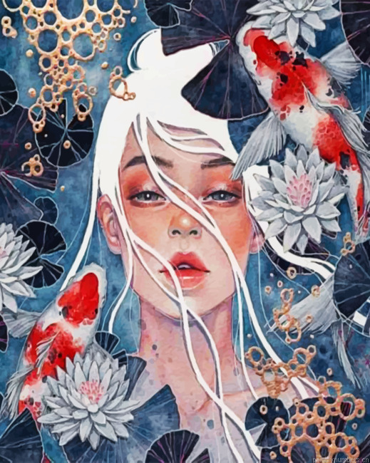 Lotus Girl And Koi Fishes Painting By Numberss.png