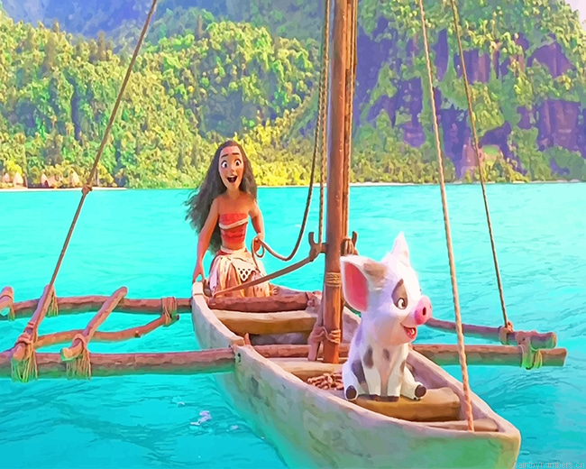 Moana On Boat With Pua Animations Painting By Numbers.png