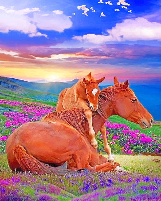 Mommy And Son Horses Animals Painting By Numbers.png
