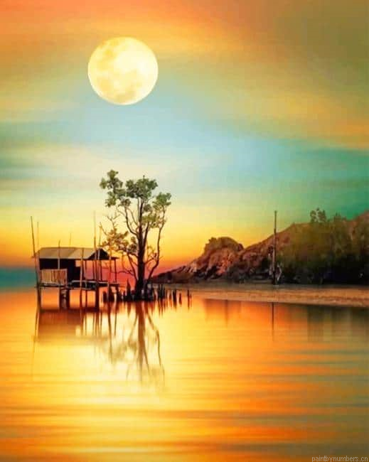 Moonlight Orange Sky Landscapes Painting By Numberss.png