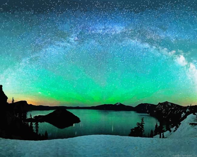 Northern Lights In Snowy Mountains Landscapes Painting By Numberss.png