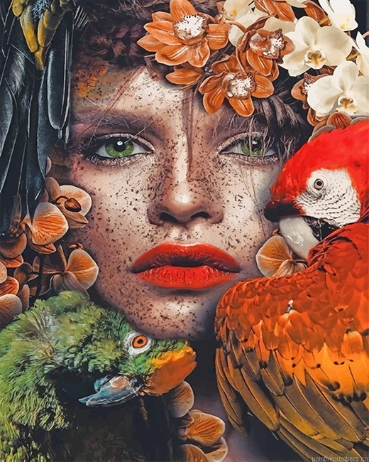 Parrots Woman Flowers Painting By Numbers.png