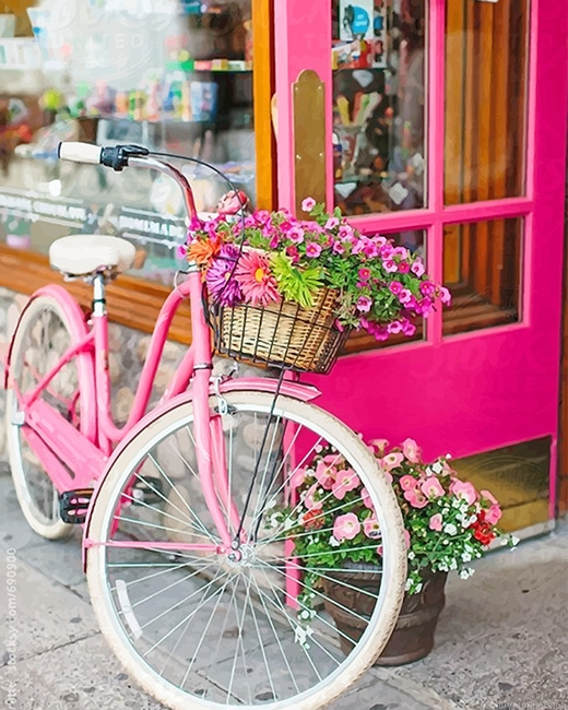 Pink Bike With Beautiful Flowers Painting By Numberss.png