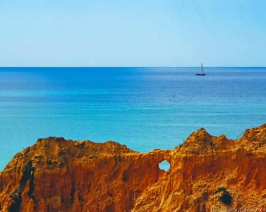 Portugal Rocks With Boat Seascapes Painting By Numberss.png