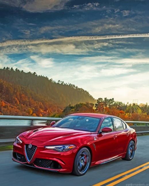 Red Alpha Romeo On The Road Cars Painting By Numberss.png