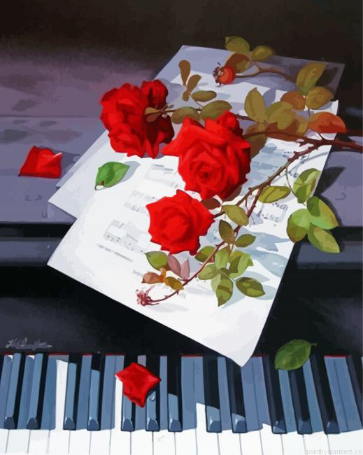 Red Flowers And Piano Painting By Numberss.png