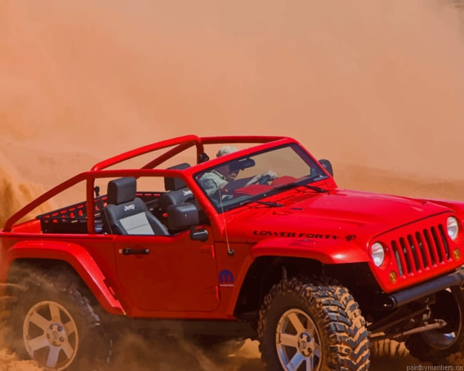Red Jeep Car In Desert Painting By Numberss.png