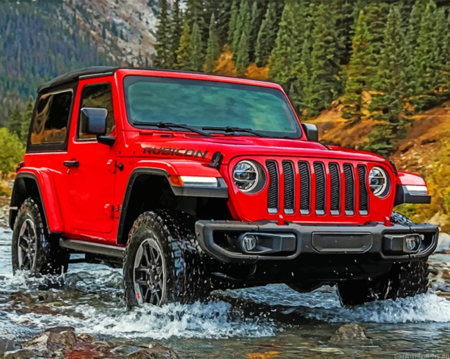 Red Jeep Crossing The River Cars Painting By Numberss.png