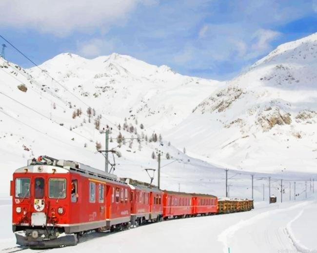 Red Train In Snowy Mountains Painting By Numberss.png