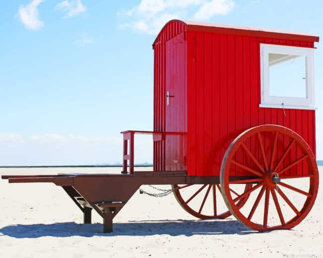 Red Wheel Cabin On Beach Painting By Numberss.png