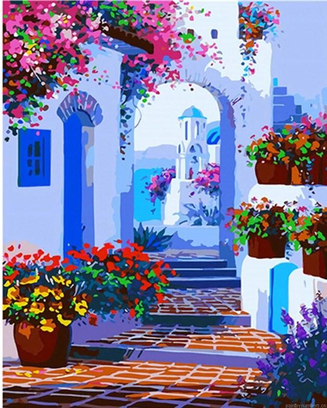 Santorini Flowers Path Cities Painting By Numbers.png