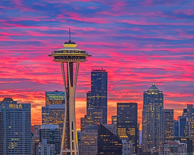 Seattle Space Needle Sunset Cities Painting By Numbers.png