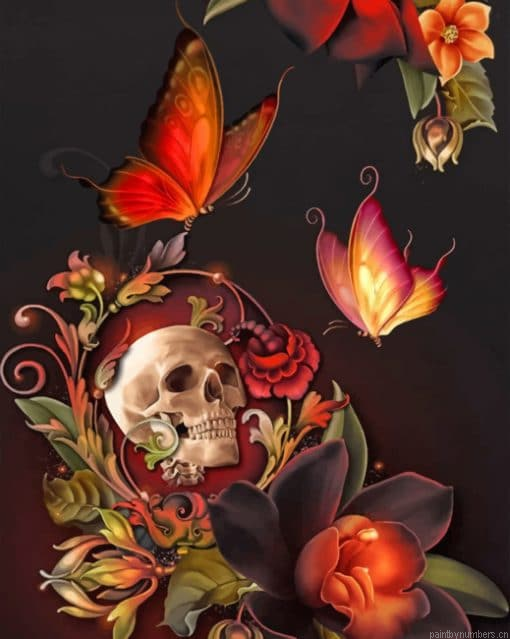 Skull Flower And Butterflies Painting By Numberss.png