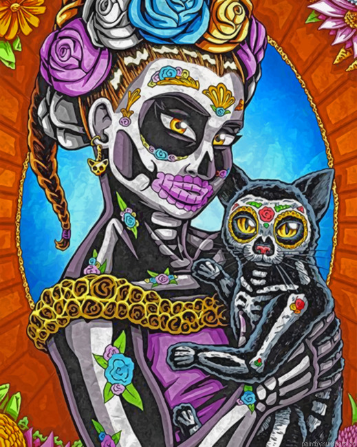 Skull Woman And Cat Painting By Numberss.png