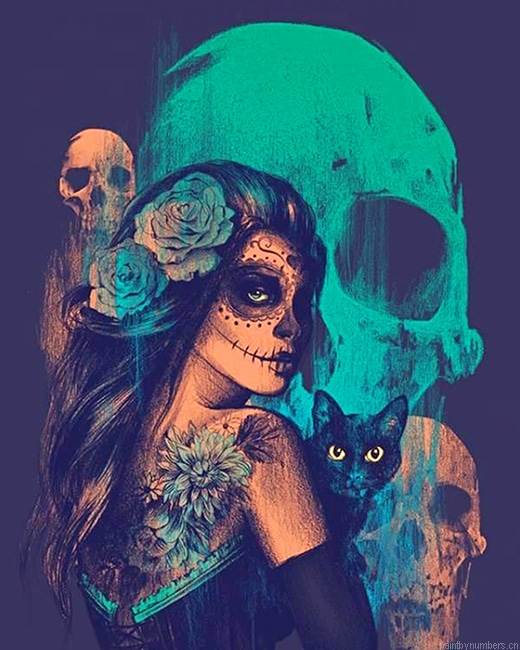 Skull Woman With Her Cat Painting By Numbers.png