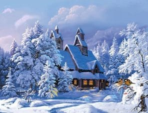 Snowy Cabin In The Woods Painting By Numbers.png