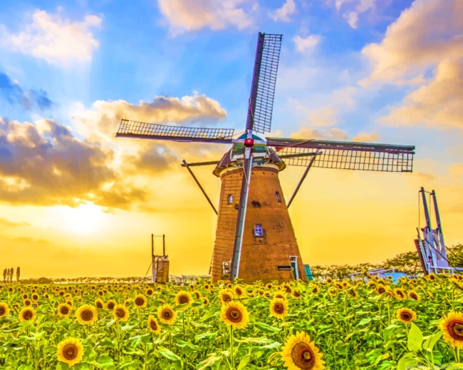 Sunflowers And The Windmill Landscapes Painting By Numbers.png