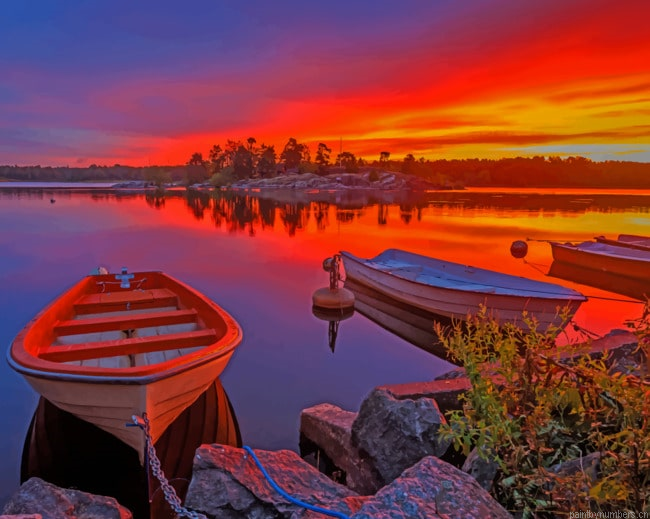Sweden Sunrise Boat Landscapes Painting By Numberss.png