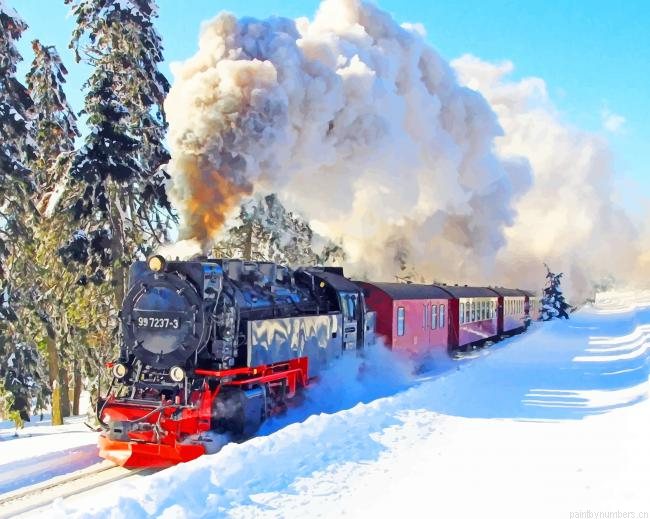 Train In Snowy Railway Painting By Numberss.png