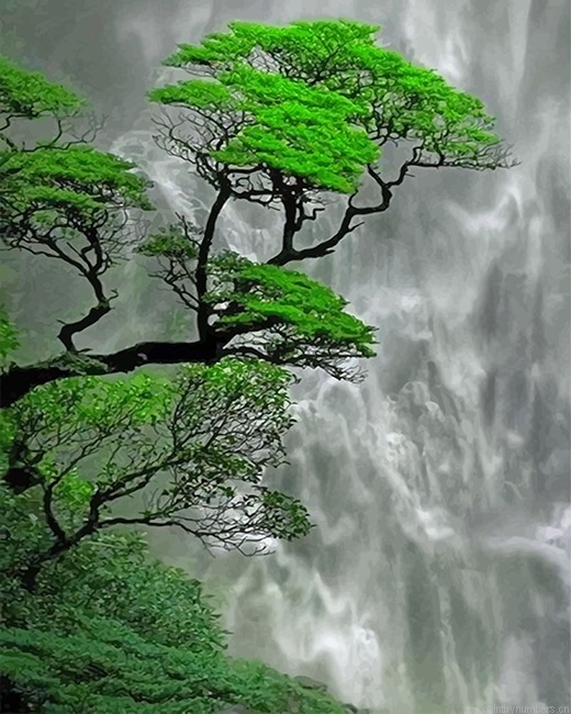Trees Waterfall Nature Painting By Numberss.png