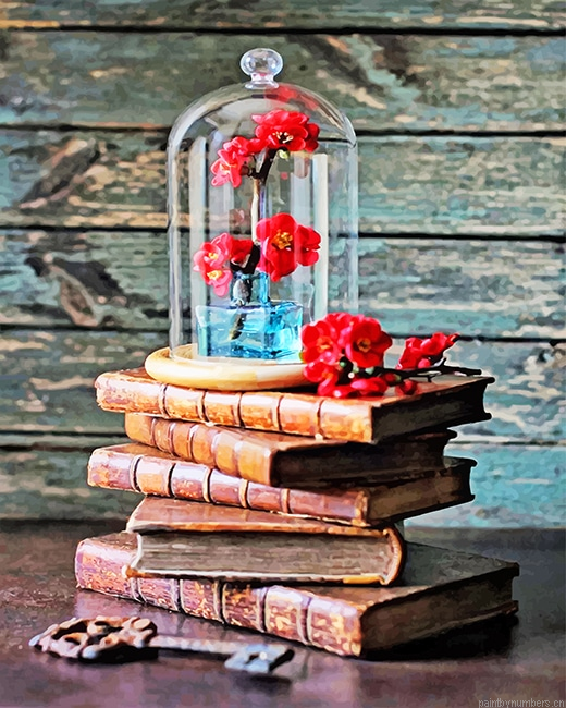 Vintage Books And Red Roses Painting By Numberss.png