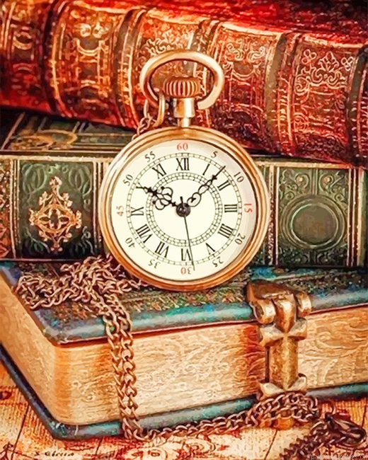 Vintage Clock And Books Painting By Numbers.png