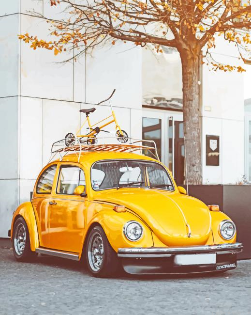 Vintage Yellow Volkswagen Beetle Cars Painting By Numberss.png