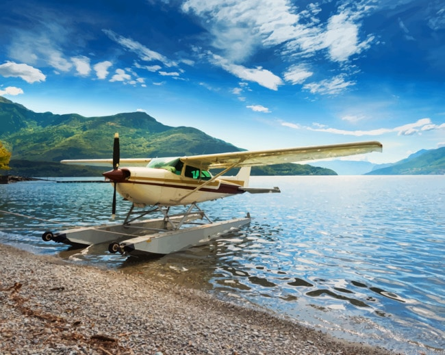 White Seaplane In Italy Lake Painting By Numberss.png