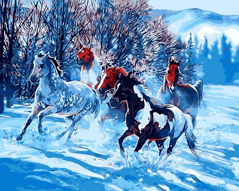 Wild Horses Running In Snowy Forest Painting By Numbers.png