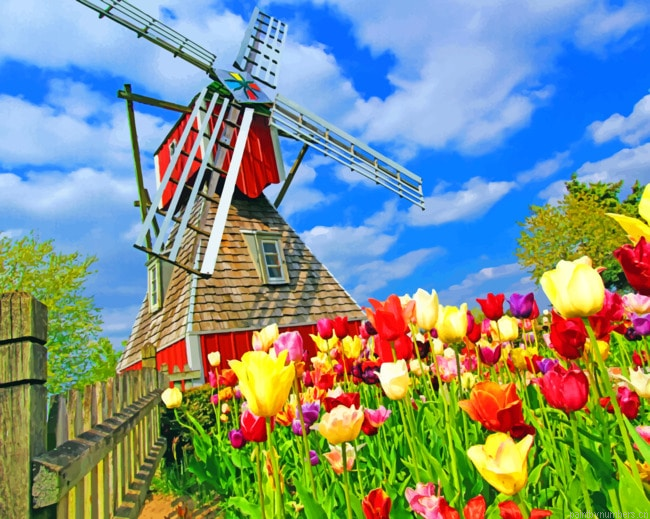 Windmill Among Flowers Painting By Numbers.png