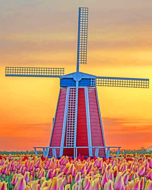 Windmill In Sunset Landscapes Painting By Numberss.png