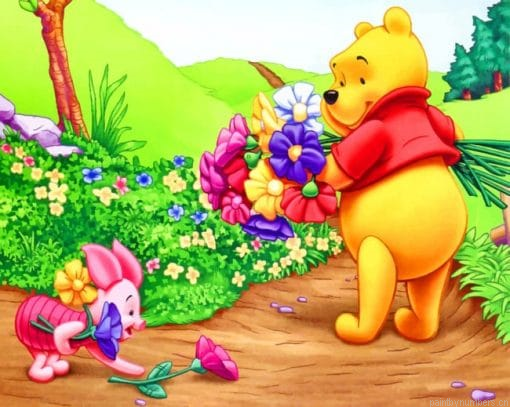 Winnie The Pooh And Flowers Cartoons Painting By Numberss.png
