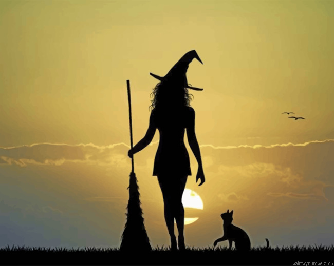 Witch And Her Cat Silhouette Painting By Numbers.png