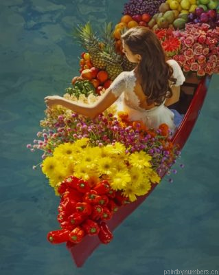 Woman On A Boat Full Of Flowers And Fruits Painting By Numbers.png