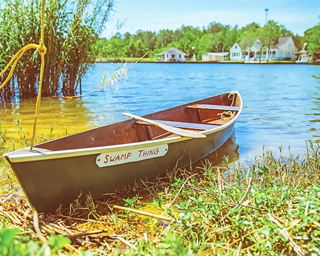 Wooden Boat Near Lake Painting By Numberss.png