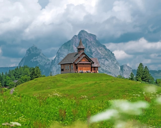 Wooden Cabin In Landscape Nature Painting By Numberss.png